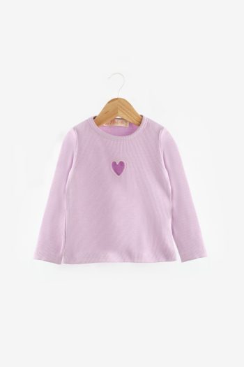 Lilac Heart Embroidered Ribbed Girl's T-Shirt
