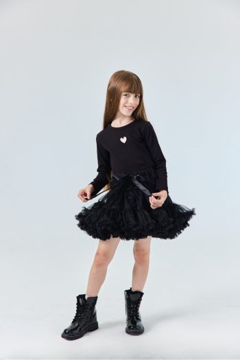 Black Ribbed T-Shirt with Heart Embroidery for Girls