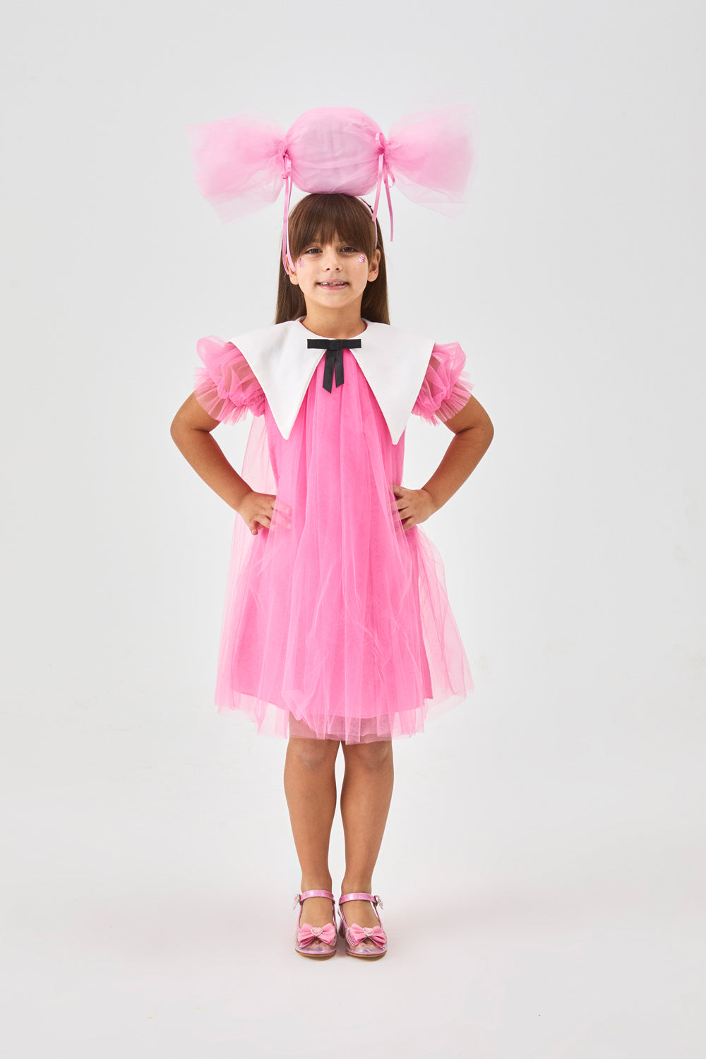 ULMB25SSGDRE003_1008_1.jpg Fuchsia Pointed Collar Girl's Tulle Dress - Nicole