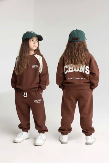 Unisex Kids Cotton Brown Printed Tracksuit – Sporty and Comfortable Style