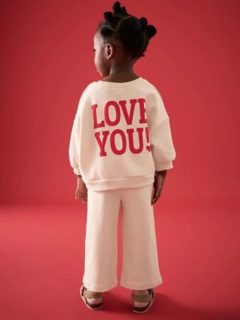 Girls' Cotton Beige Heart Patterned Sweatshirt and Wide Leg Pants Set