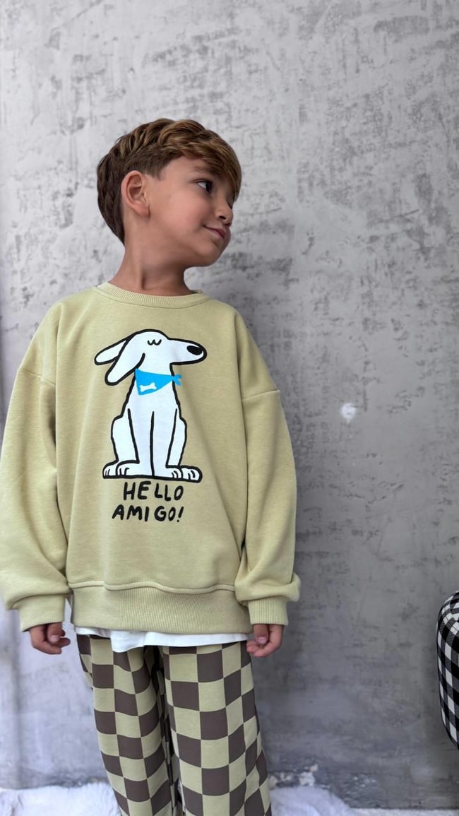 c46c3591-a3b6-466c-ae5a-99bffb934f82-4ca-4e.jpeg Boys' Cotton Khaki Dog Print Sweatshirt and Checkered Tracksuit Set
