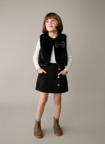 Girls' Cotton Black Bow-Detail 3-Piece Vest and Skirt Set – Elegant Everyday Outfit