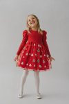 Girls' Cotton Red Christmas Tree Pattern Tulle Dress - Balloon Sleeve Holiday Dress