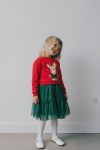 Girls' Cotton Red Deer Print Sweatshirt and Green Tulle Skirt Set - Holiday Theme