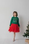 Girls' Cotton Green Dress with Red Tulle - Merry Christmas Print