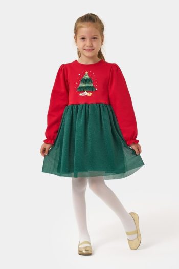 Girls' Cotton Red and Green Christmas Tree Pattern Dress with Sparkly Tulle Skirt
