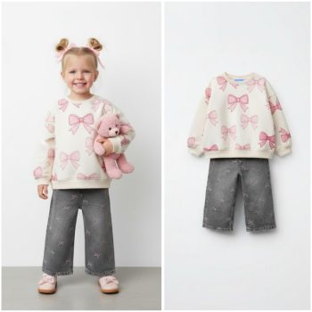 Girls' Cotton Cream Pink Bow Patterned Sweatshirt and Gray Embroidered Jean Set