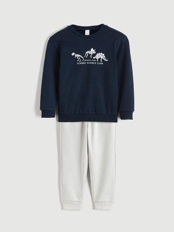 LCW Kids Navy Blue Dinosaur Print Boys Sweatshirt and Jogger Set