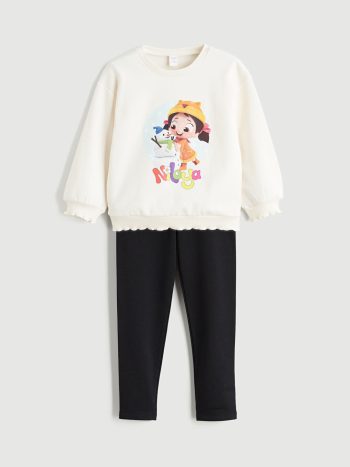 LCW Kids Cream Niloya Printed Girls Sweatshirt and Leggings Set
