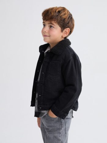 LCW Kids Black Fur Collar Boys' Denim Jacket