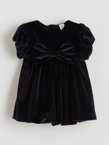 LCW Baby Black Velvet Dress with Bow Detail
