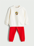 LCW Baby Beige Mickey Mouse Printed Crewneck Sweatshirt and Pants Set