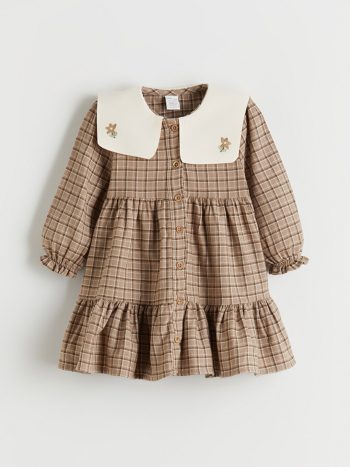 LCW Baby Brown Peter Pan Collar Checkered Dress for Girls