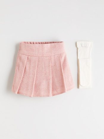 LCW Kids Pink Elastic Waist Pleated Tweed Skirt for Girls