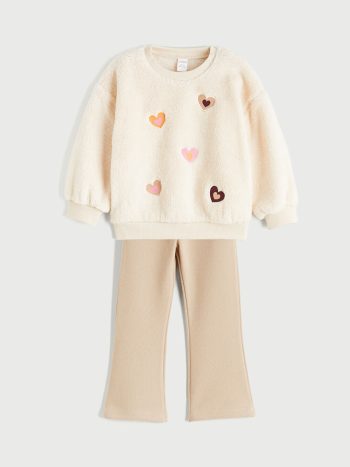 LCW Kids Beige Crew Neck Girls Sweatshirt and Leggings Set