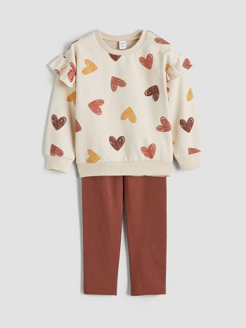 LCW Kids Beige Crew Neck Sweatshirt and Leggings Set
