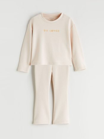 LCW Baby Beige Printed Girl's Sweatshirt and Jogger Pants