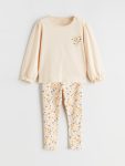 LCW Baby Beige Heart Printed Girl's Blouse and Leggings