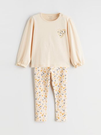 LCW Baby Beige Heart Printed Girl's Blouse and Leggings