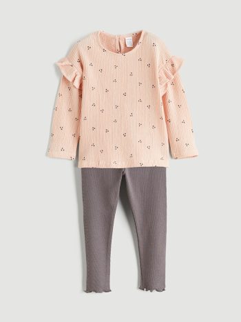LCW Baby Pink Crew Neck Girl's T-Shirt and Leggings