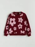 LCW Kids Burgundy Floral Patterned Girls Knit Sweater