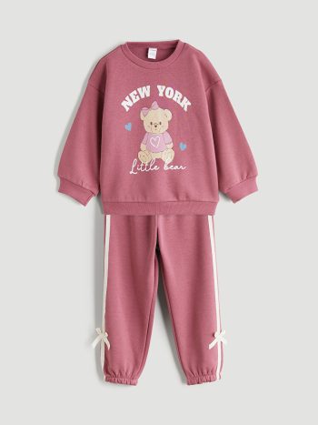 LCW Kids Pink Printed Girls Sweatshirt and Sweatpants Set