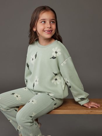 LCW Kids Green Floral Sweatshirt and Leggings Set