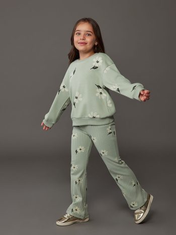LCW Kids Green Floral Sweatshirt and Leggings Set