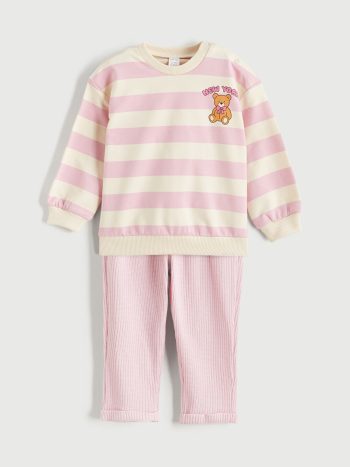 LCW Baby Ecru Printed Girl's Sweatshirt and Pants Set