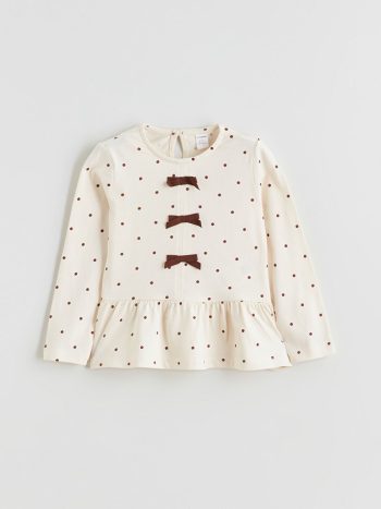 LCW Kids Cream Round Neck Bow Detail Girl's T-Shirt