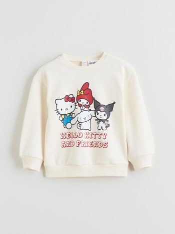 LCW Kids Cream Round Neck Hello Kitty Printed Girls Sweatshirt