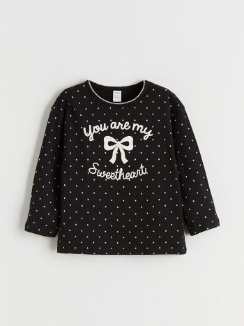 LCW Kids Black Crew Neck Ribbon Printed Girl's T-Shirt