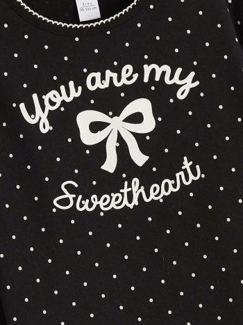 LCW Kids Black Crew Neck Ribbon Printed Girl's T-Shirt