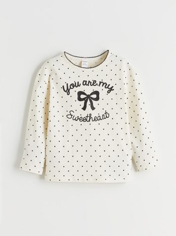 LCW Kids Cream Round Neck Ribbon Printed Girls T-Shirt