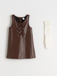 LCW Kids Brown Bow Detail Faux Leather Dress and Tights