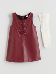LCW Kids Burgundy Bow Detail Faux Leather Dress and Tights