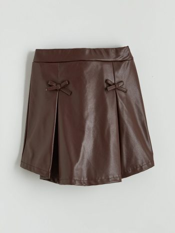 LCW Kids Brown Elastic Waist Pleated Faux Leather Skirt for Girls