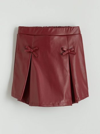 LCW Kids Burgundy Elastic Waist Pleated Faux Leather Skirt