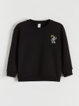LCW Kids Black Embroidered Thick Sweatshirt for Boys